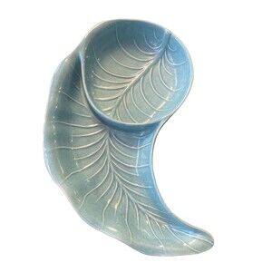 Calif Pottery Original Turquoise MCM Chip & Dip Divided Dish Made in USA Leaf